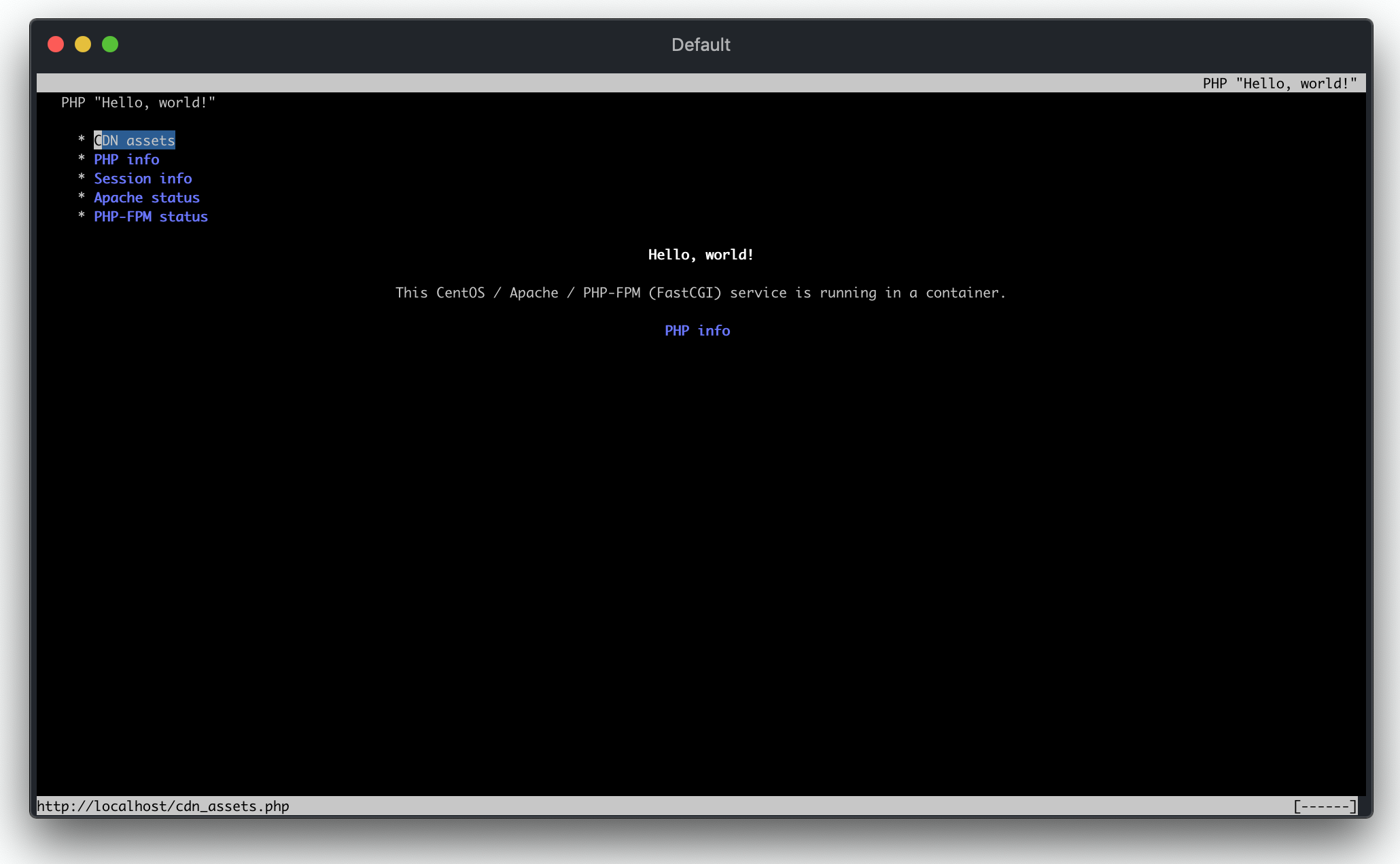 PHP "Hello, world!" - eLinks screenshot