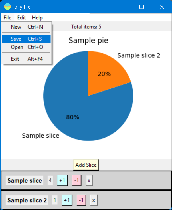 Screenshot of Tally Pie's UI with the File menu expanded and the Save menu item highlighted.