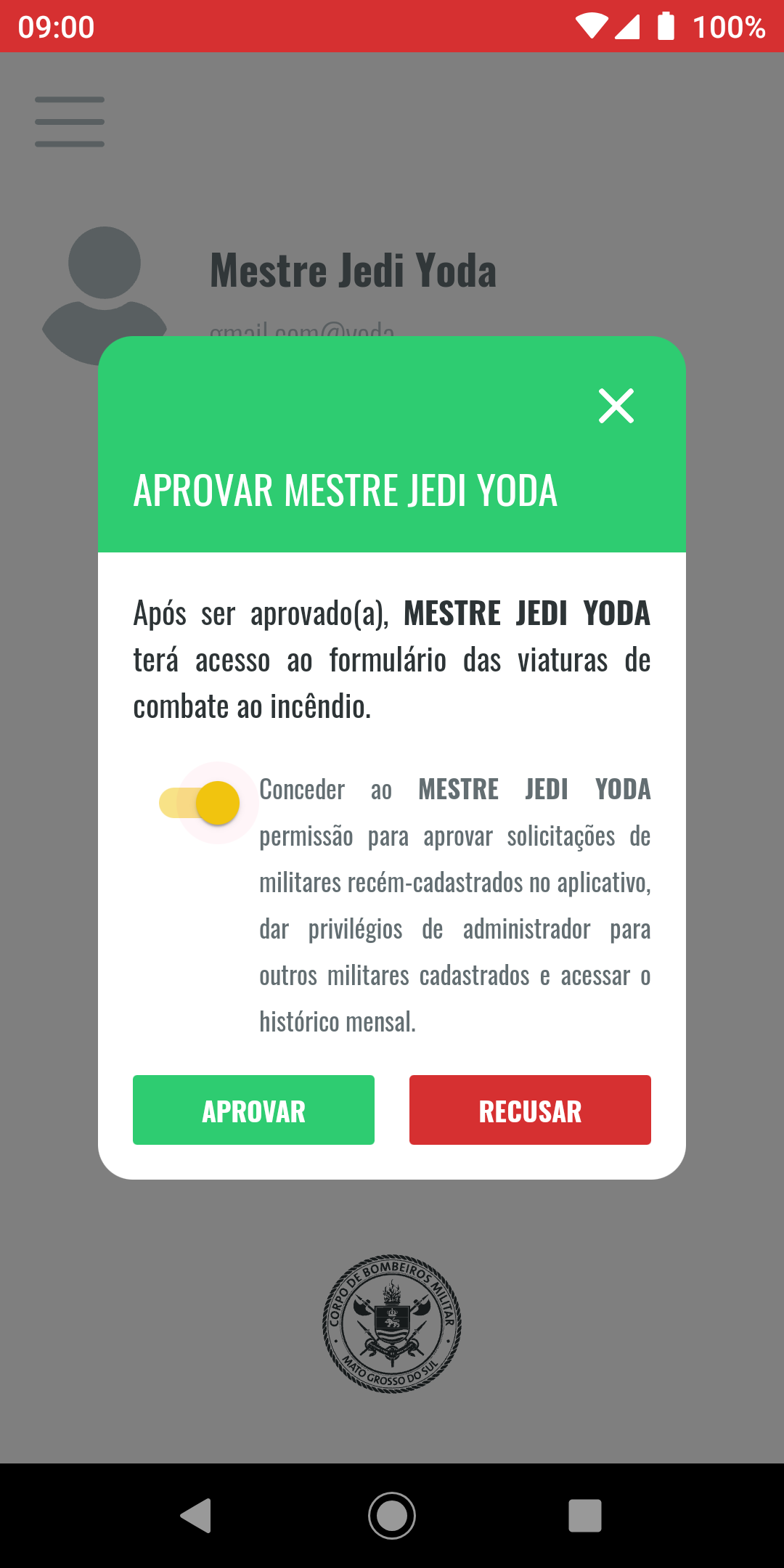 Modal de aprovar um usuário