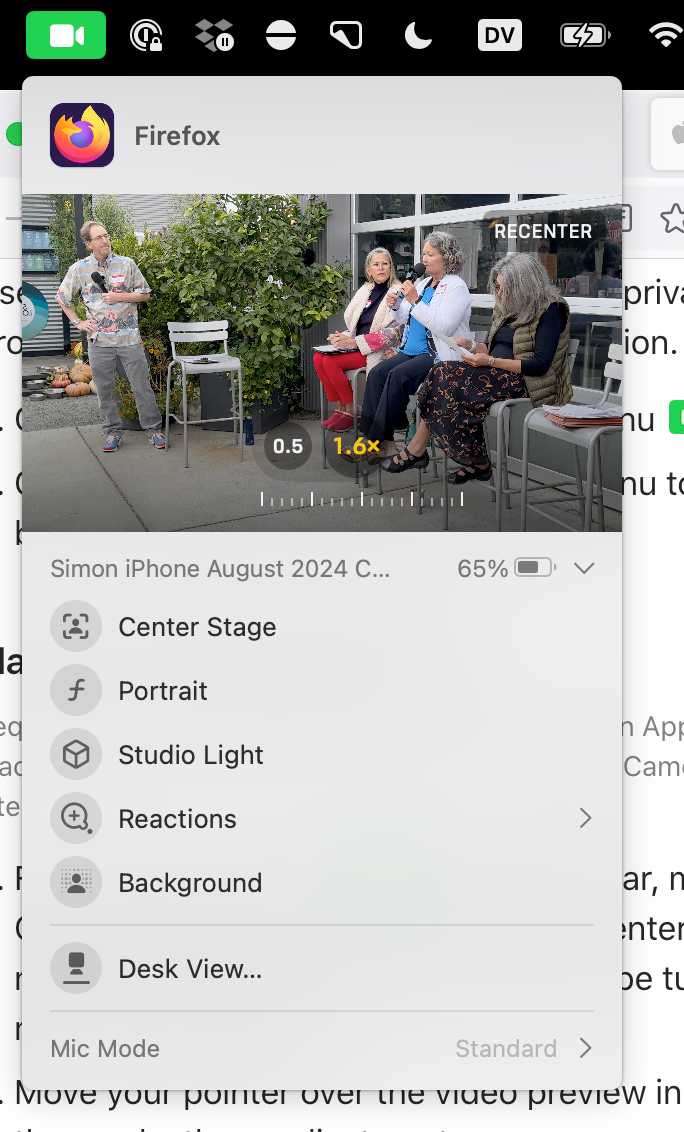 Camera control menu. A video preview shows with a 1.6x zoom option displayed, coming from my iPhone on 65% battery. A bunch of other options such as Center Stage, Portrait, Studio Light, Reactions and Background are shown as well.