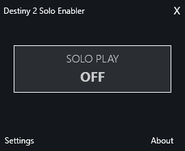 Image depicting the UI of the Destiny 2 Solo Enabler program. Program turned off currently.