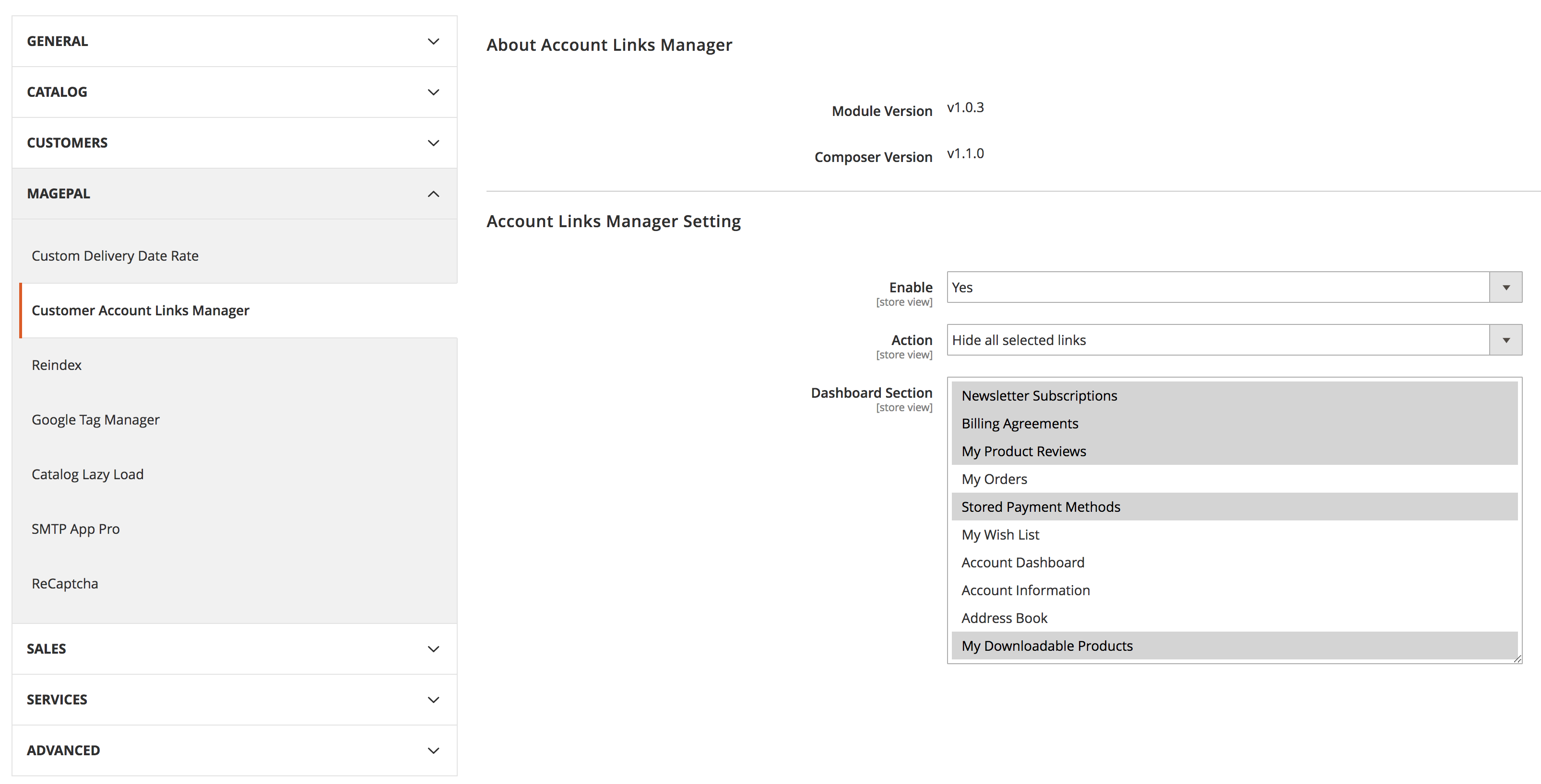 Customer Account Links Manager for Magento2