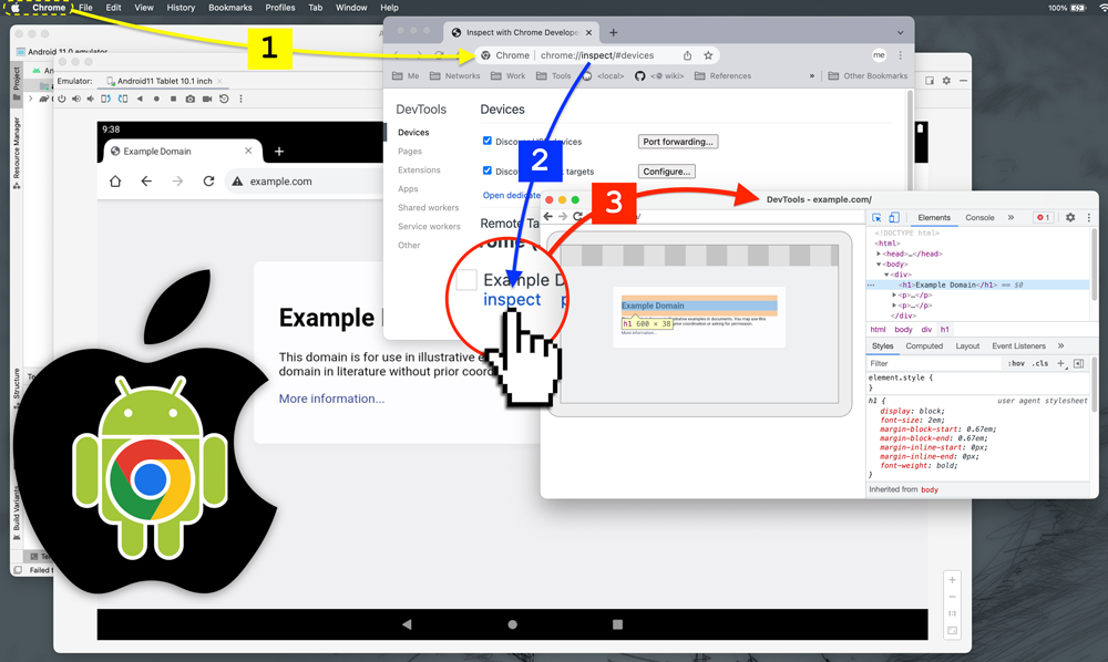 How to INSPECT a website on Chrome For Android from within ANDROID STUDIO Emulator on MacOS