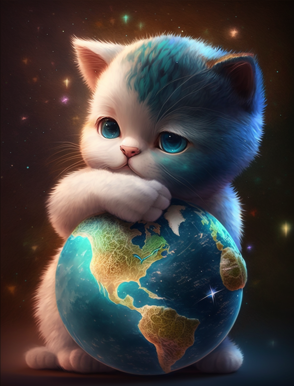 cute girl kitten hugs the earth-toy, pixar style, shining background --ar 3:4