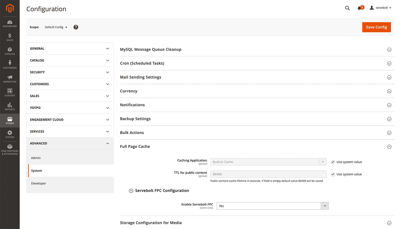 Image of Magento Admin system configuration page with Full Page Cache settings