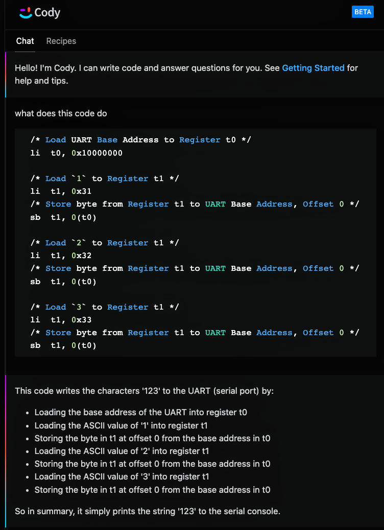 Cody AI Assistant explains our RISC-V Assembly Code