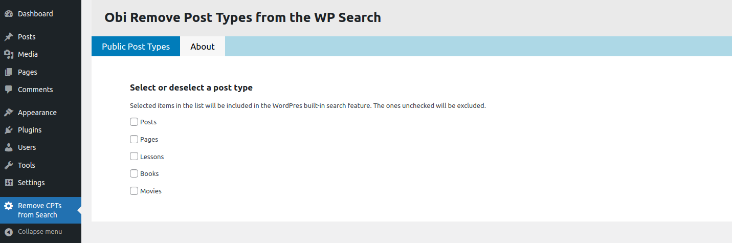 Alt Obi Remove Post Types from Search admin options screenshot