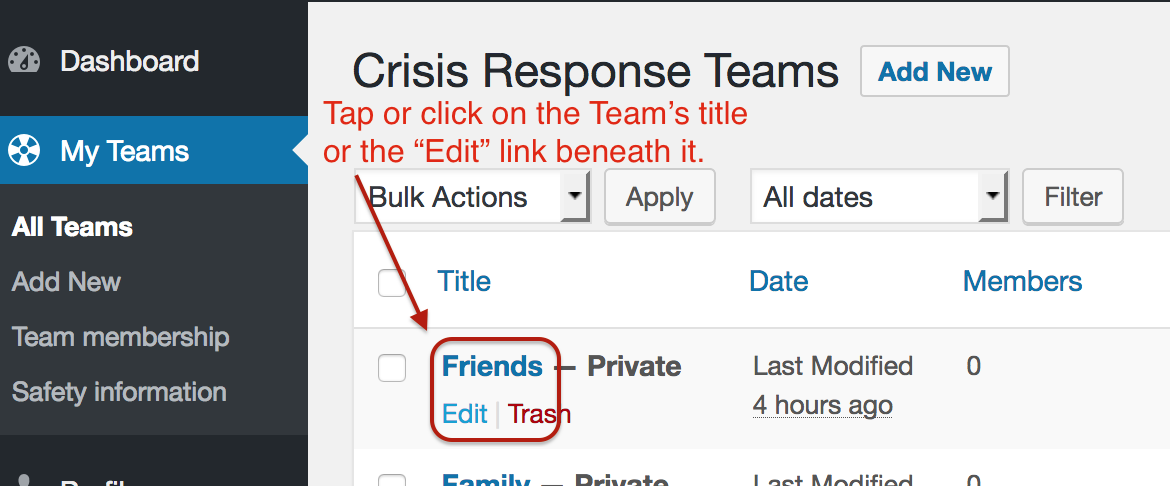 Closeup screenshot of the "Edit" link for a Team on the "My Teams" page.