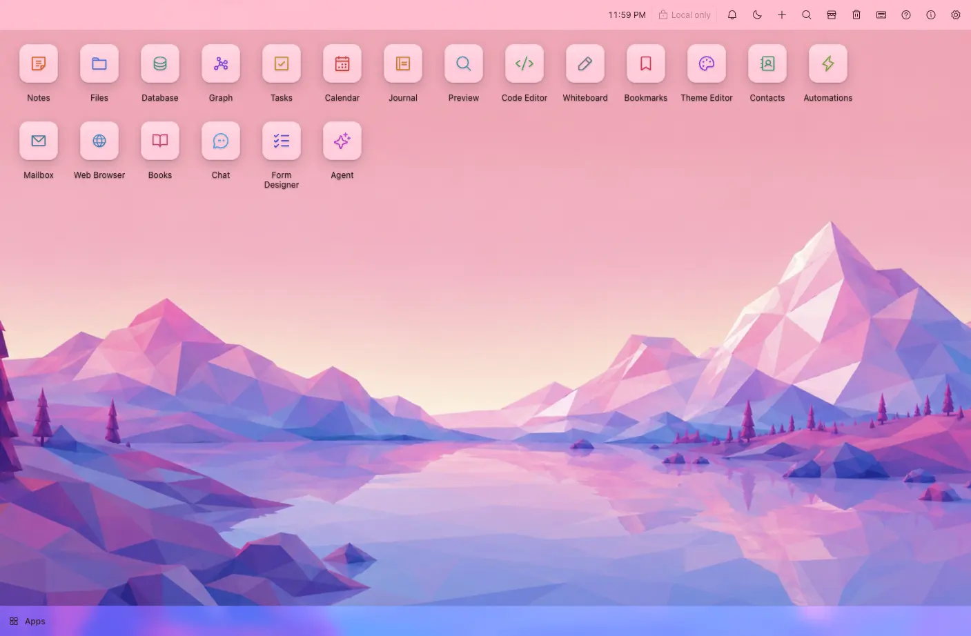 The Brainstorm desktop — wallpaper, app icons, widgets, and open app windows