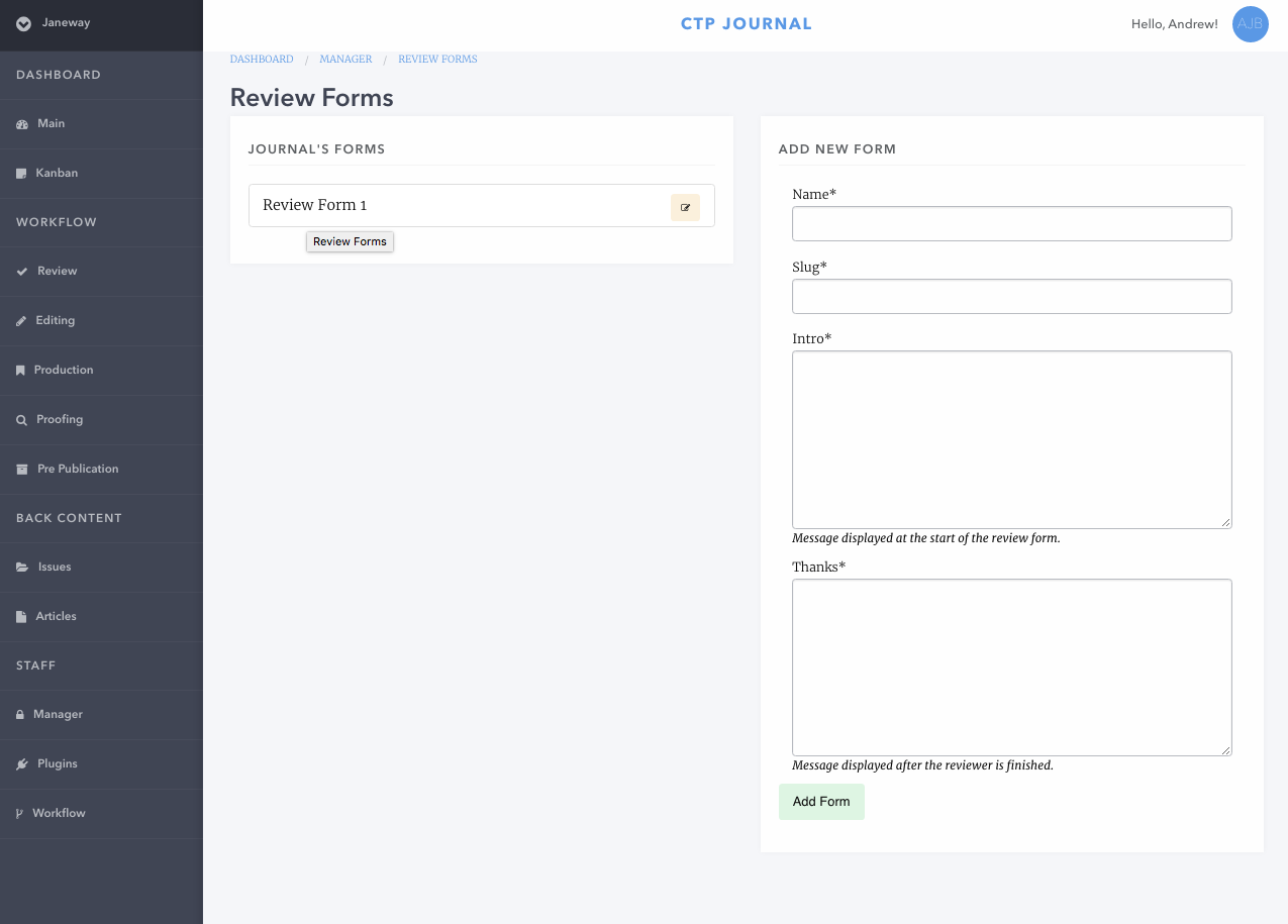 Janeway Review Form Manager