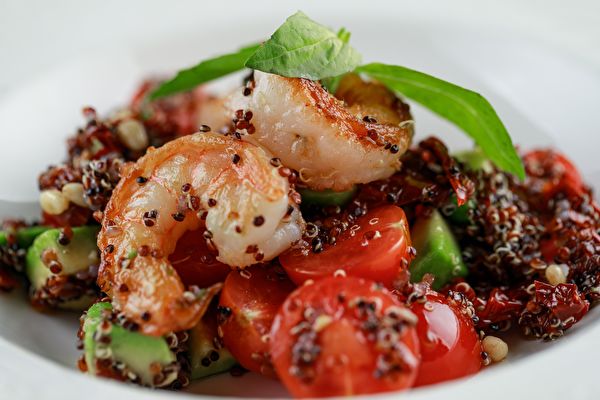 Fresh Salad With Shrimp Quinoa Avocado And Cherry Tomatoes On