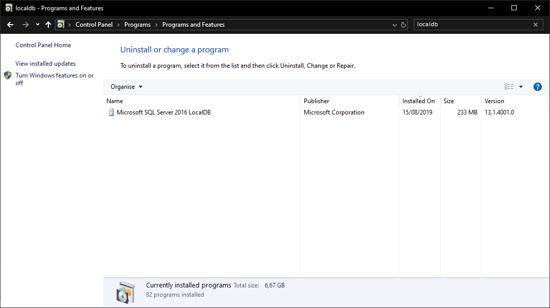 Image of SQL Server 2016 LocalDB in control panel