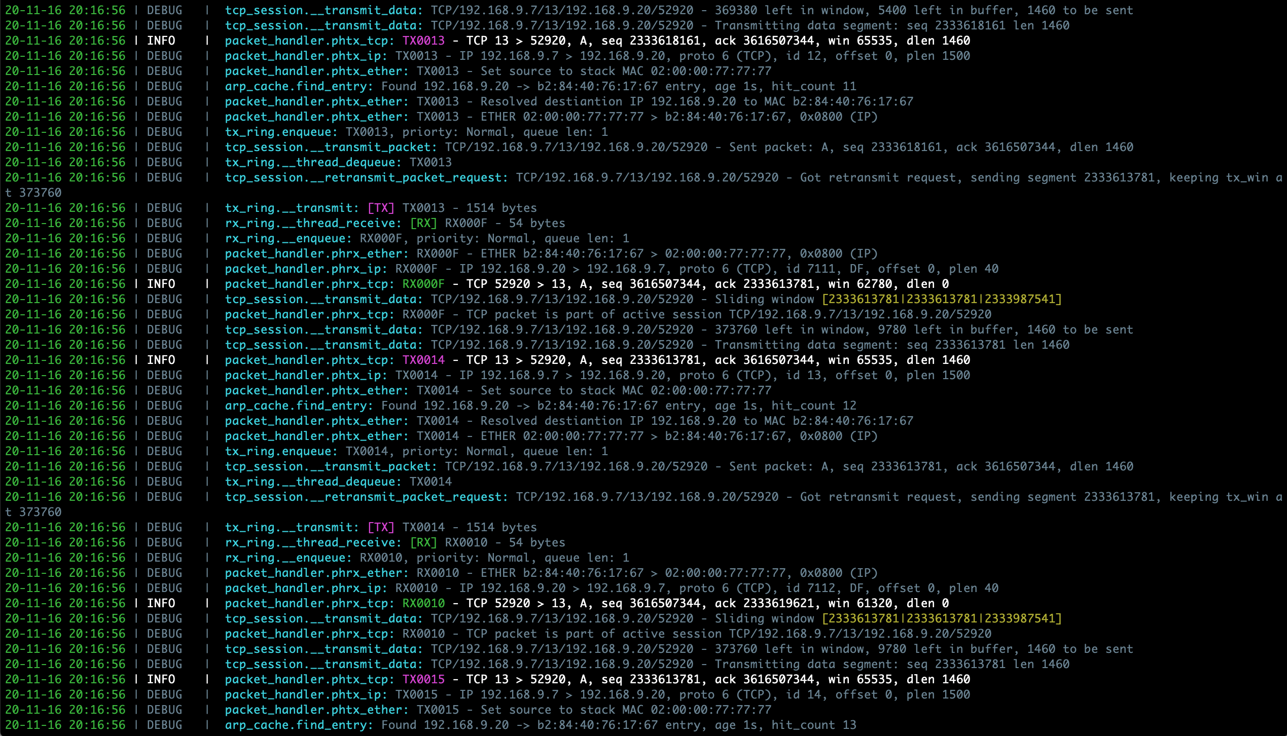 Sample PyTCP log output