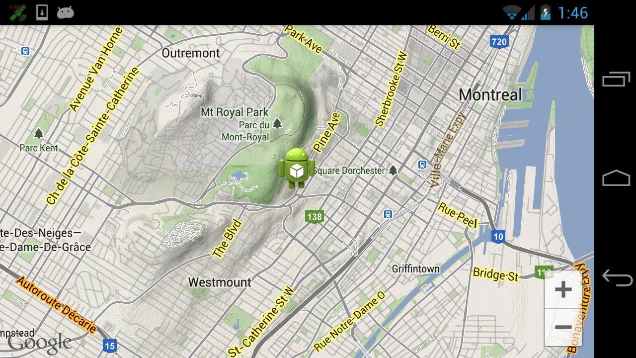 Android device in landscape with a full screen google map. A droid icon is pinned to the map where your are located