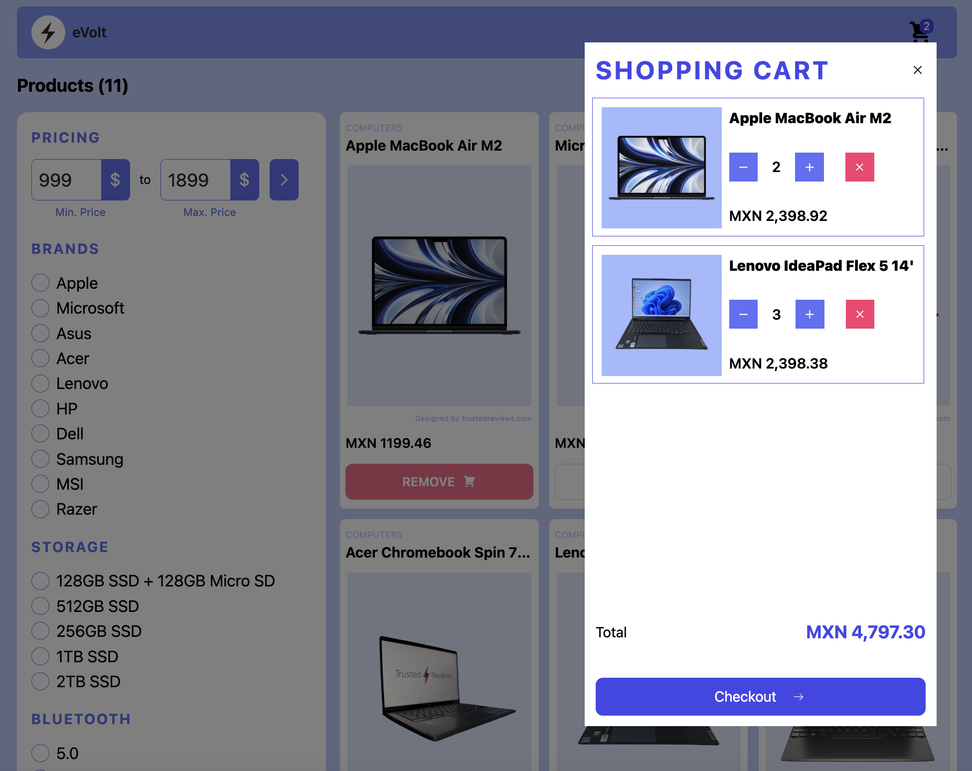 Home page - Dialog with products on cart