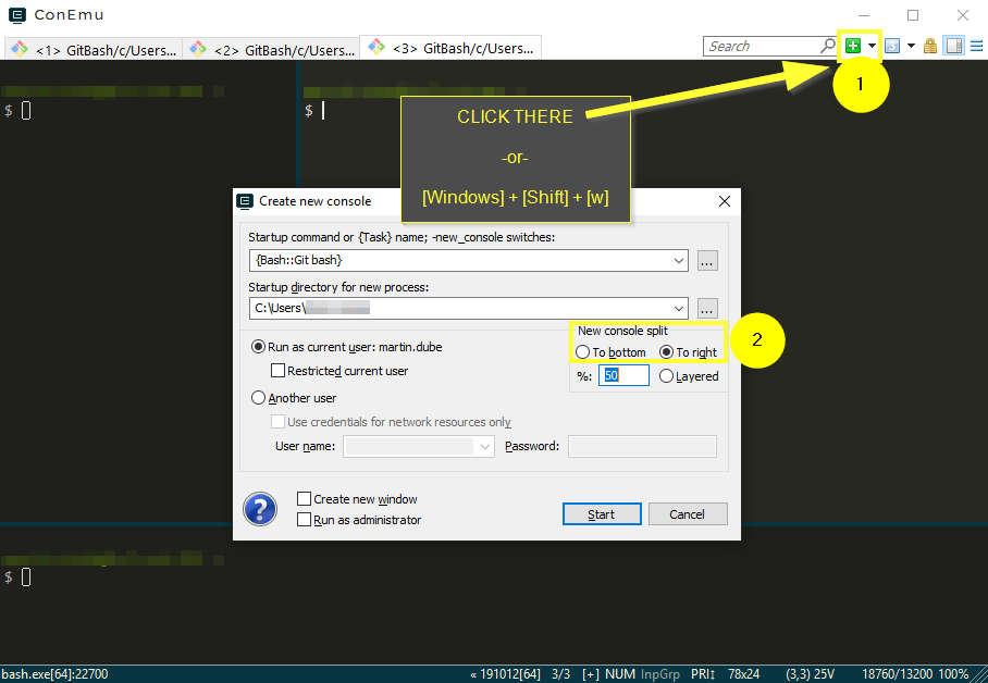 View multiple GitBash Terminals within one split screens view