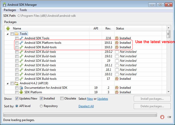 the latest versions of Android SDK platform-tools and Android SDK build-tools