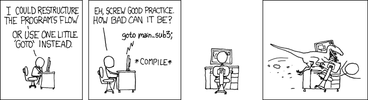 XKCD comic of velociraptor attacking coder that added a goto