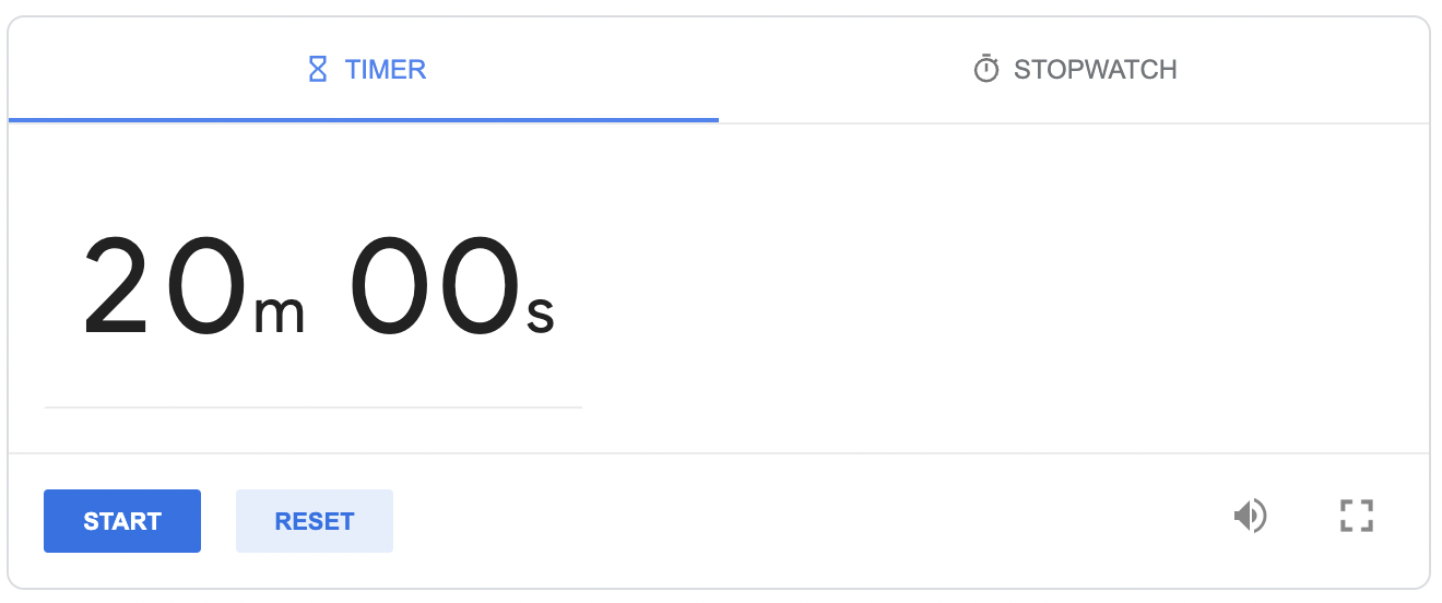 Google Timer for 20 minutes: 20m00s. It counts down upon page load. - Google Search