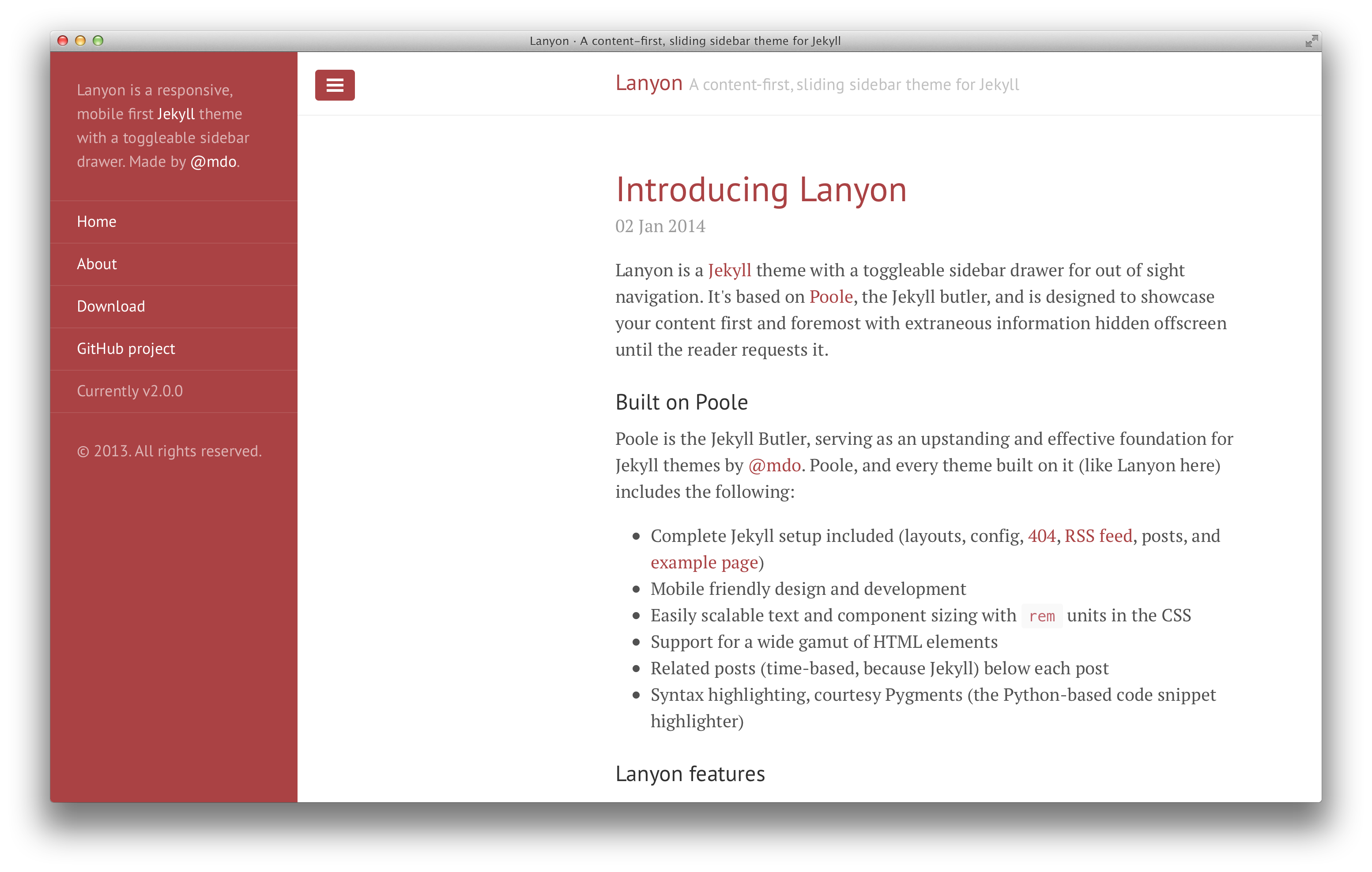 Louis blog with red theme and open sidebar