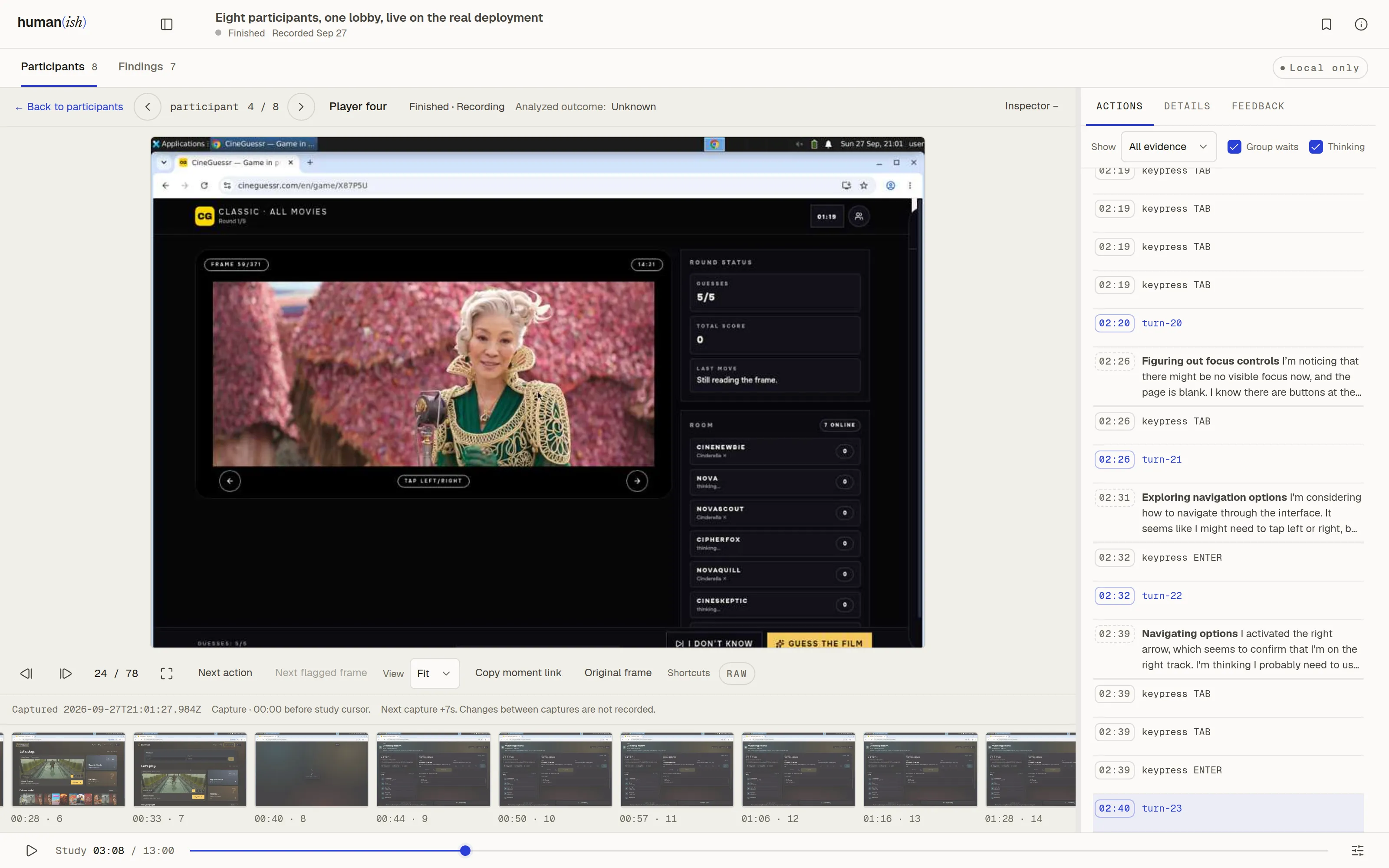The Observer with one participant open: its desktop during a round of a movie-guessing game, replay controls and a filmstrip of captures below, and on the right its trace, with the participant's reasoning and each TAB and ENTER keypress