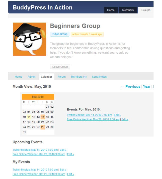 BuddyPress Group Calendar in action