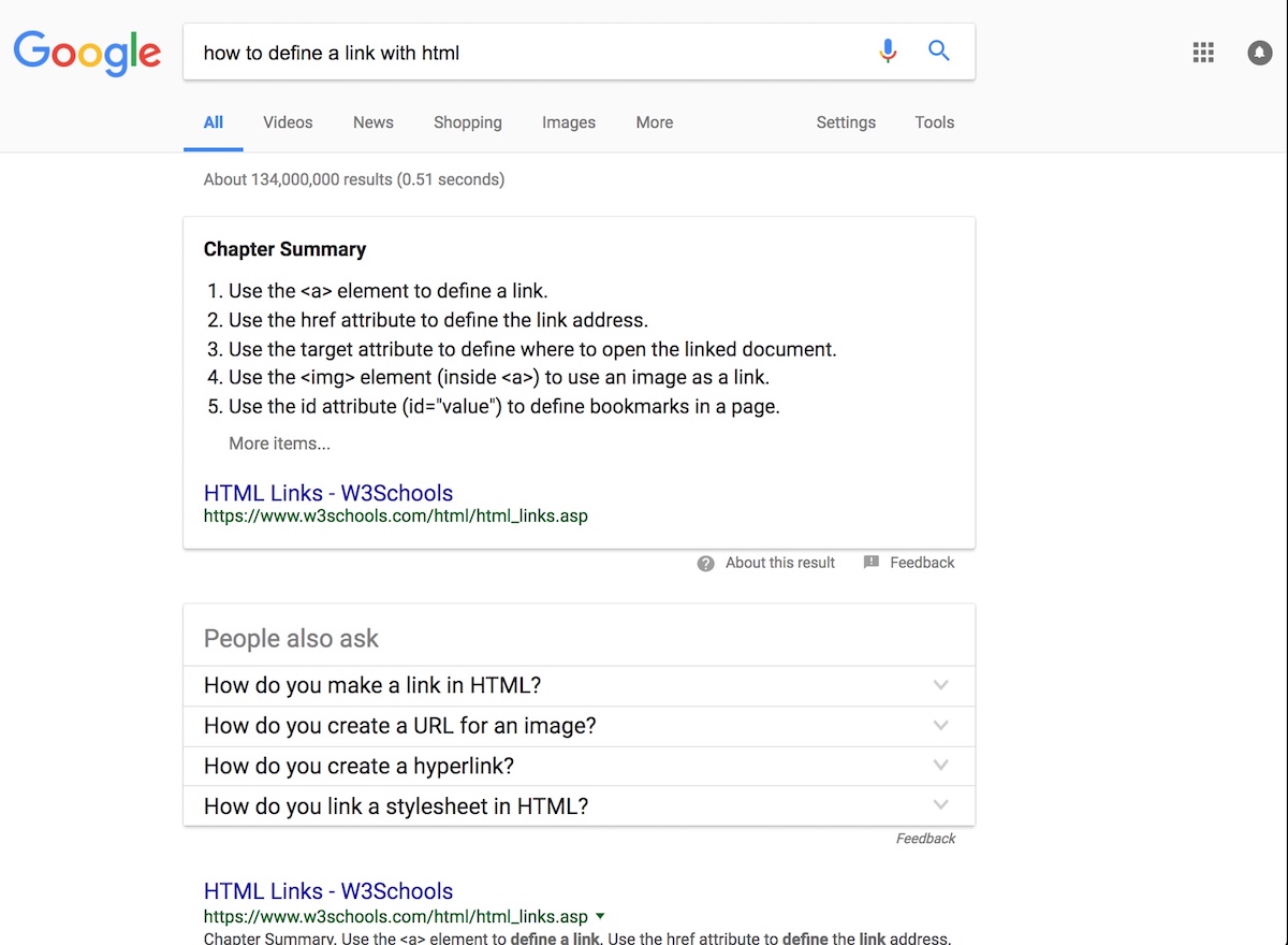 Google search result for "How to define a link with HTML