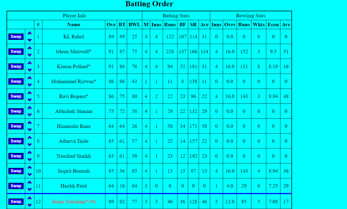 Picture Showing Screen to Change Batting Lineup