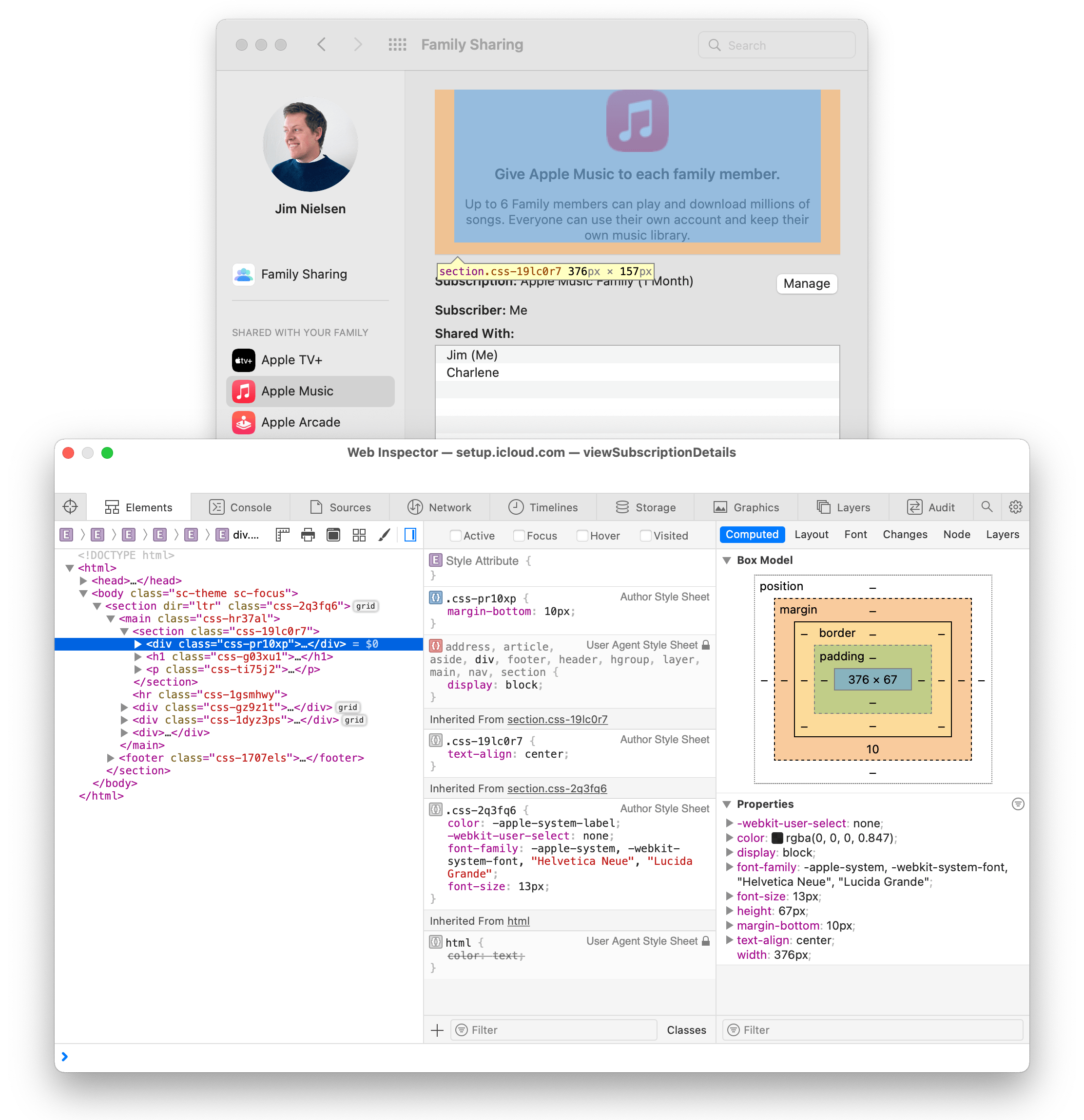 Screenshot of the Apple Music settings in the Family Sharing pane of system preferences on macOS with the Safari Web Inspector tools also open and actively inspecting an element.