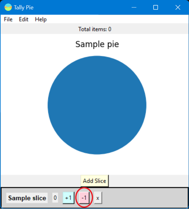 Screenshot of Tally Pie's UI with the a red circle around the +1 button on a wedge label.