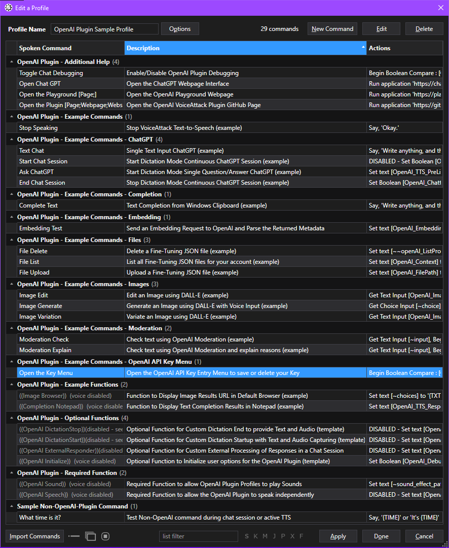 Command List of Sample Profile