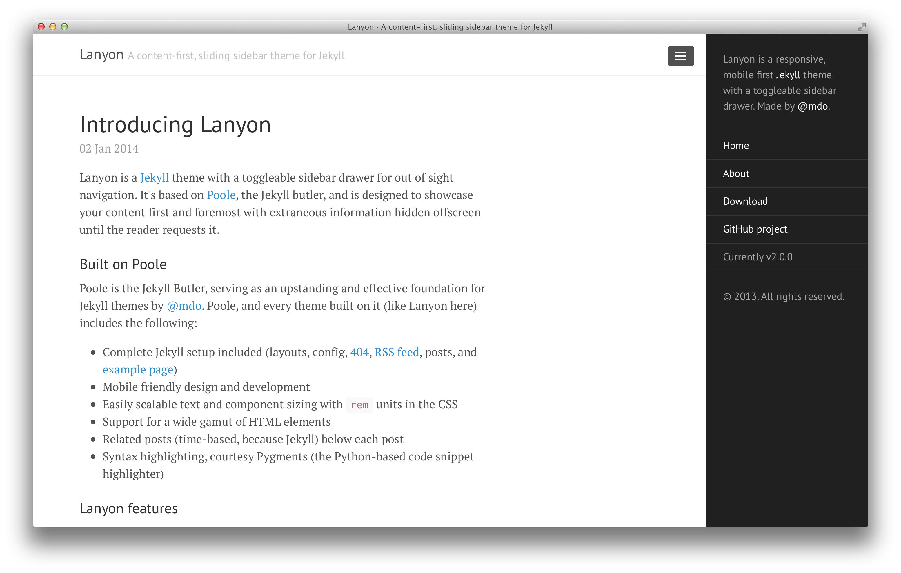 Lanyon blog with reverse layout and open sidebar