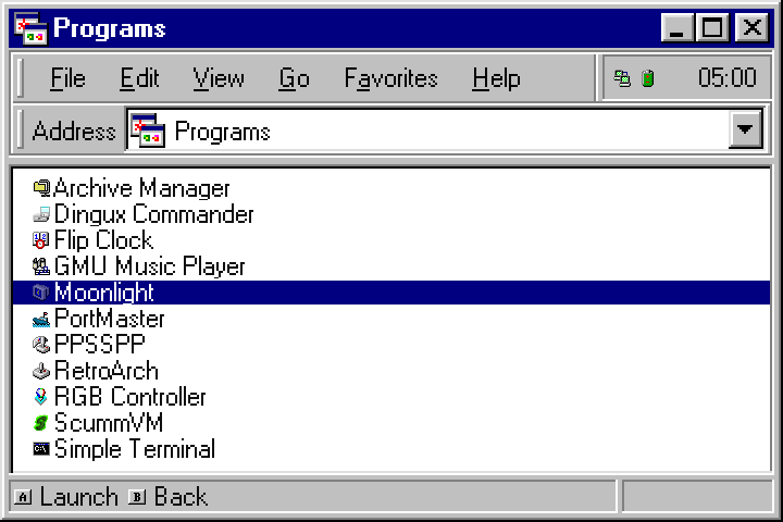 Screenshot of the Applications View, showing it has been styled to look like Windows 98's Explorer