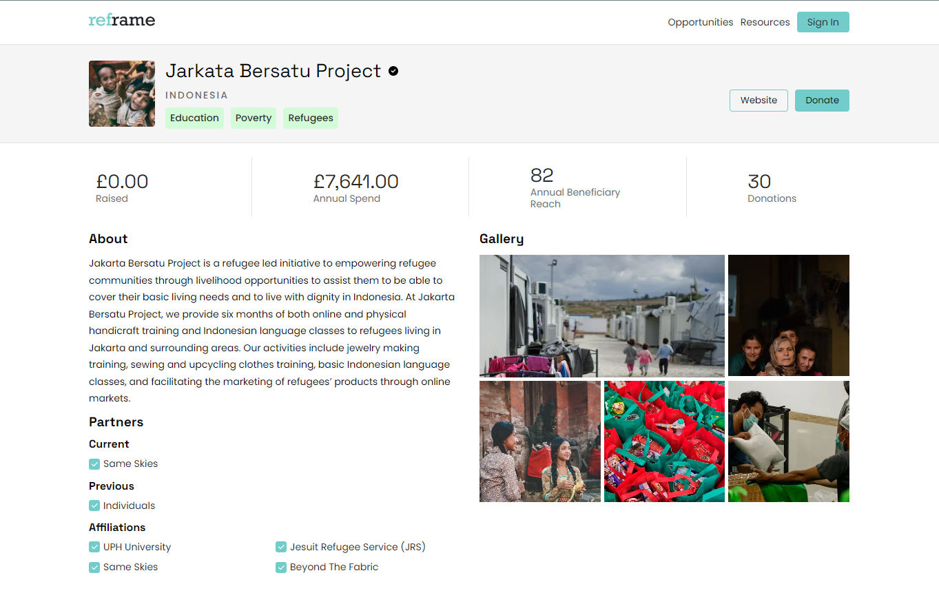 Screenshot of Reframe's organization profile page