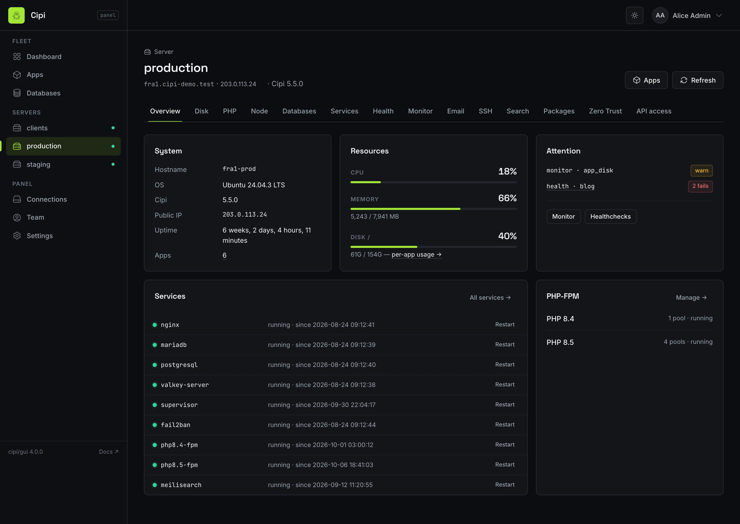 Cipi control panel: server overview