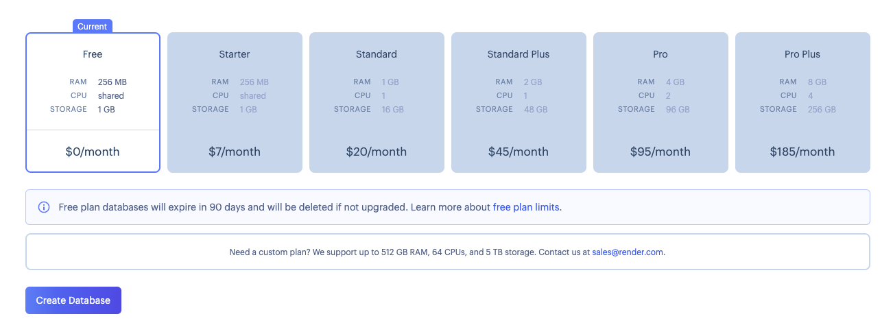 payment options for render databases. the free tier is selected. there is a create database button at the bottom that will allow users to finish creating their database