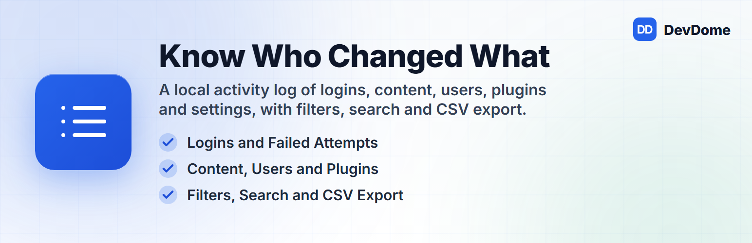 DevDome Activity Log, free WordPress activity log and user activity tracker