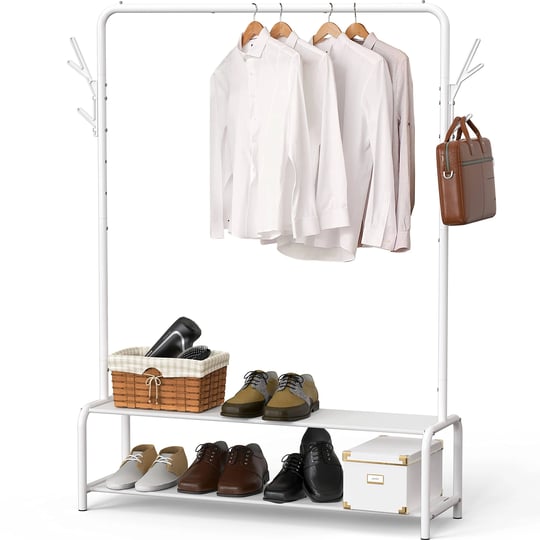 simple-houseware-garment-rack-with-storage-shelves-and-coat-hat-hanging-hooks-white-1
