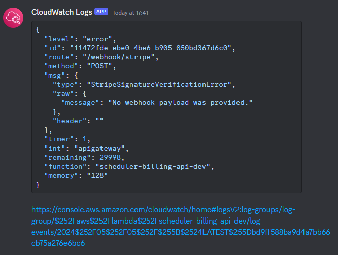 Screenshot of a Discord message showing JSON-encoded log data and a link to the log stream it originated in