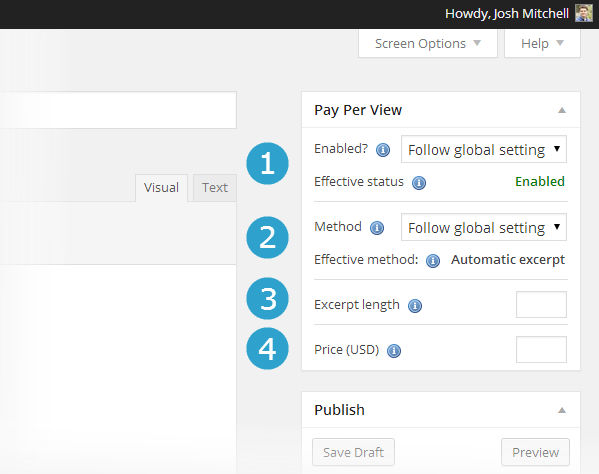 1. Enabled 2. Method 3. Excerpt length 4. Price (USD)