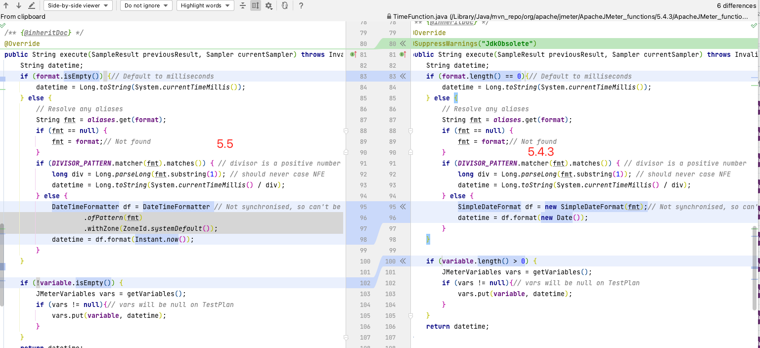 The code comparison between versions about the __time function.
