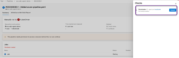 Screenshot indicating button to click in order to permit pipeline to use agent pool in Azure DevOps