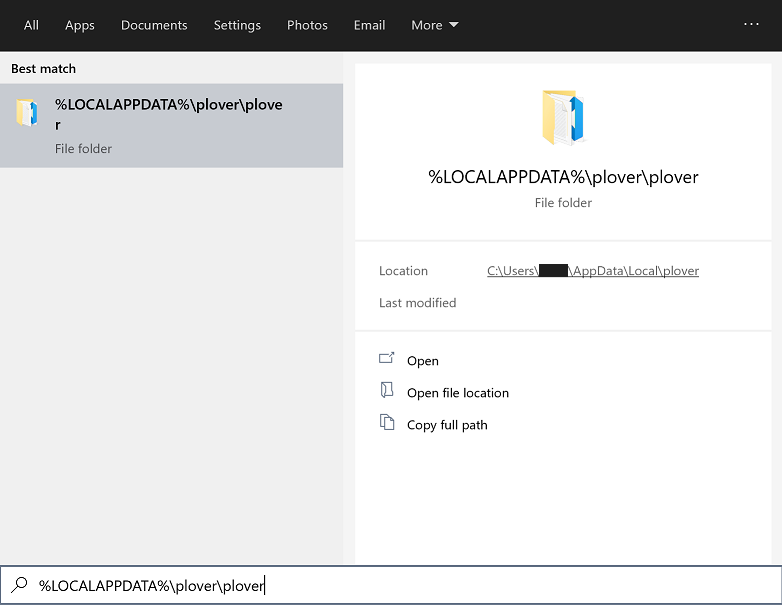 Windows 10 Start menu search showing the %LOCALAPPDATA%\plover\plover path in the search field with its folder highlighted as the best match.