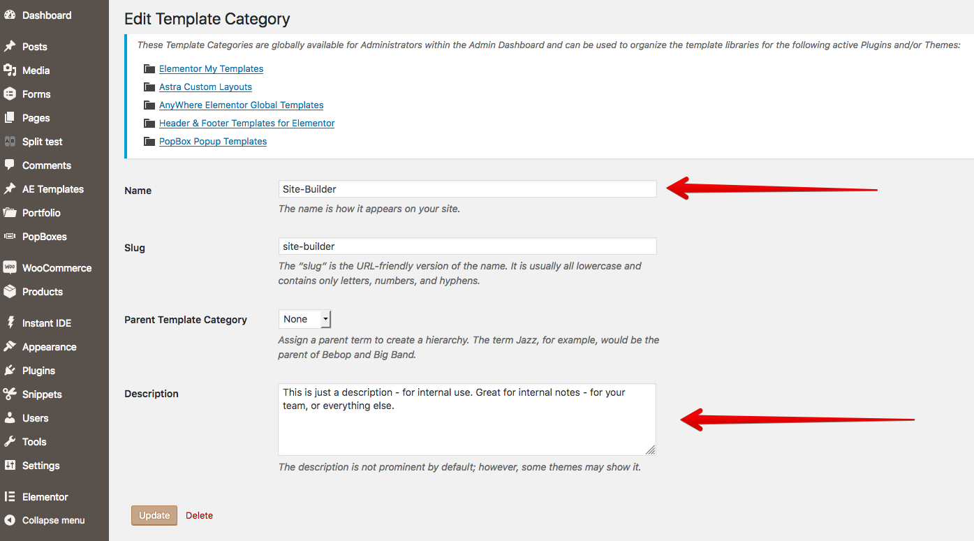 Edit a template category: 1) Title is the most important item; 2) Description field ist useful for internal notes or for your team of designers/ site builders etc.