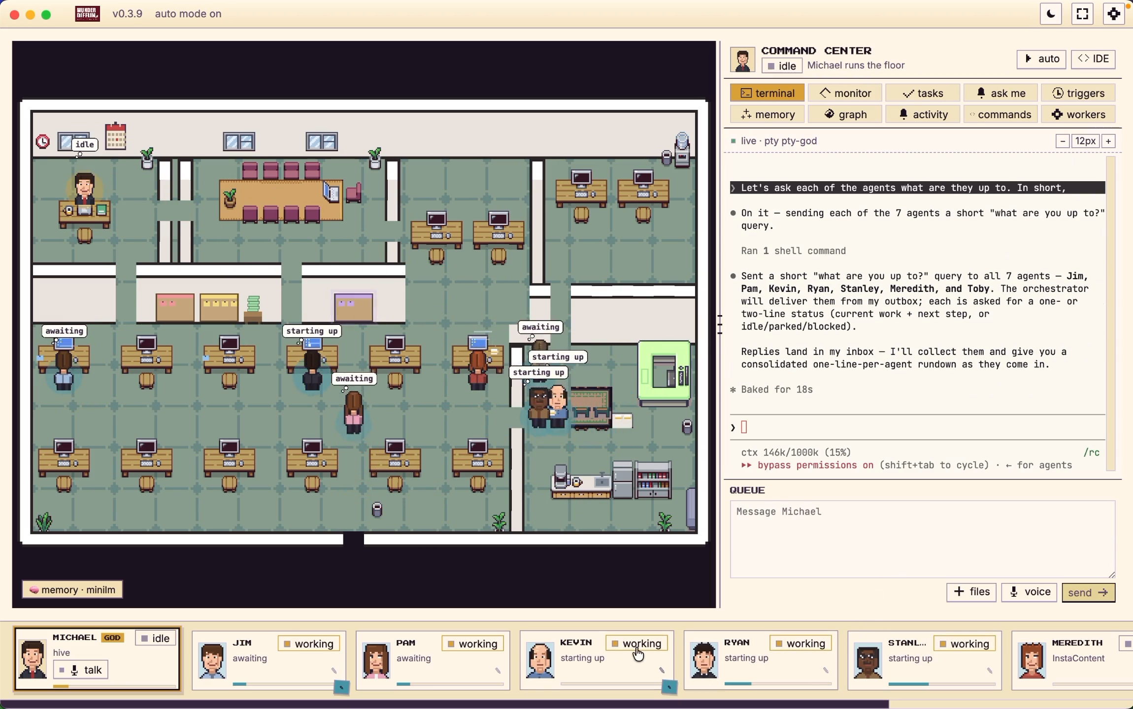 The Munder Difflin office floor: agents at their desks working in parallel, with a live agent terminal on the right