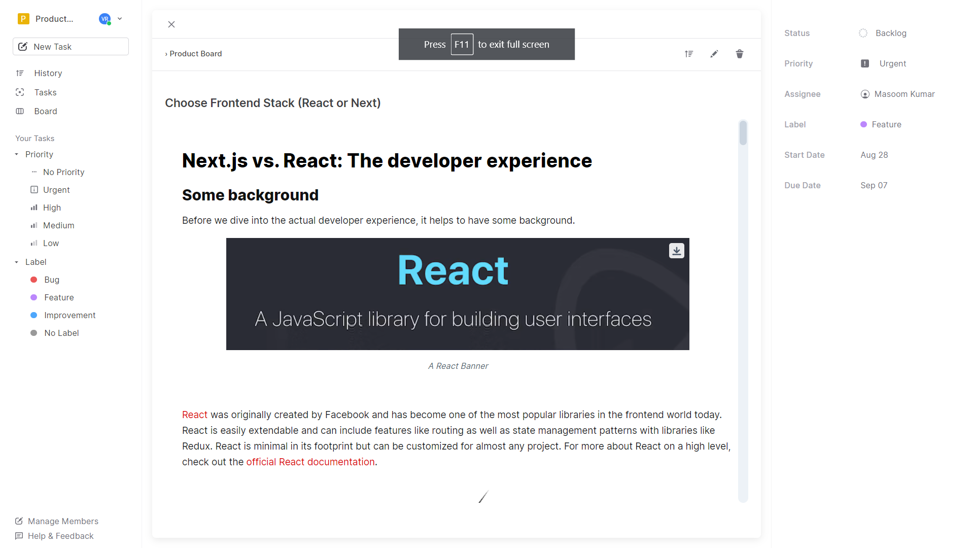 Product Board Task Detail Page