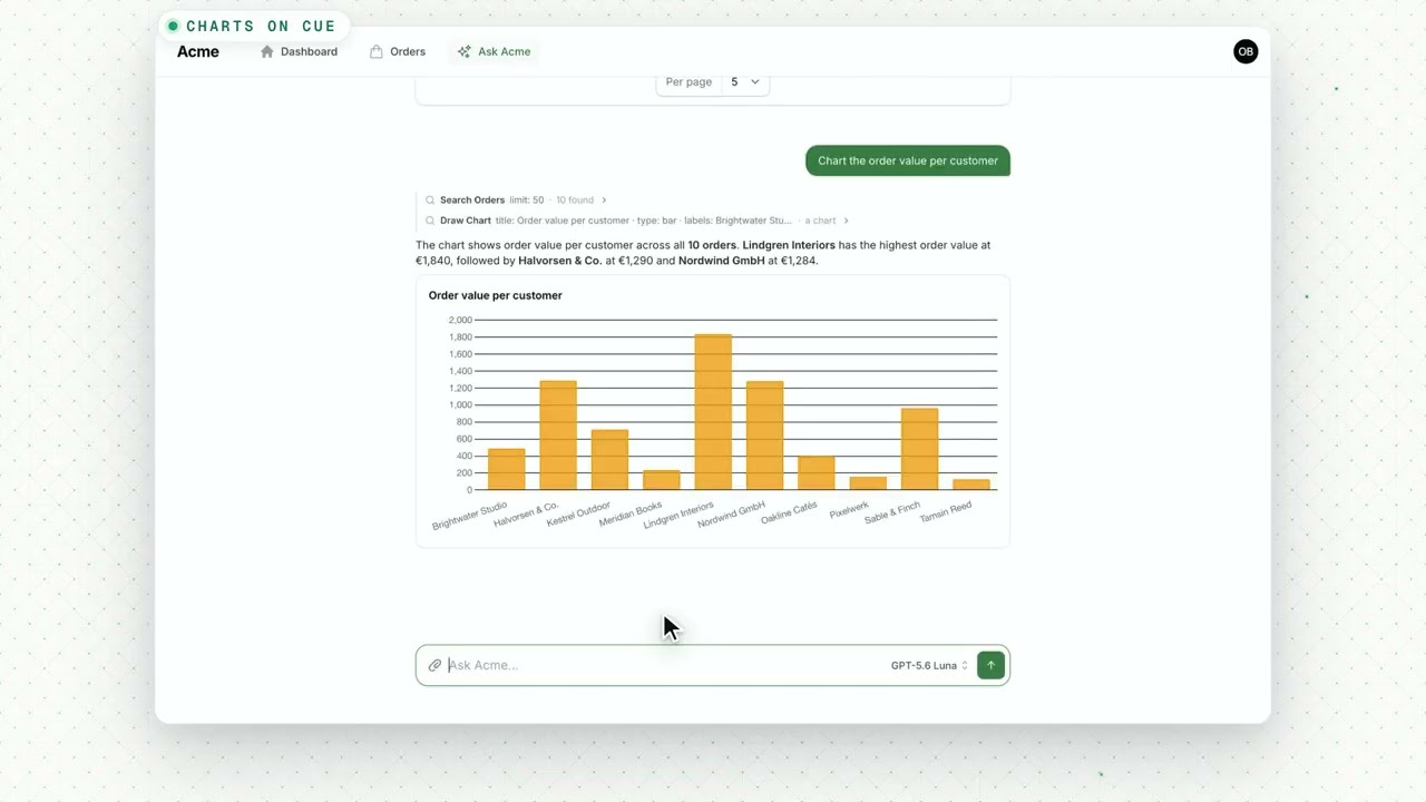 Watch the 90-second demo: install in one line, a question answered with the live orders table, a chart, a change approved in one click, and the same tools in Claude Code over MCP