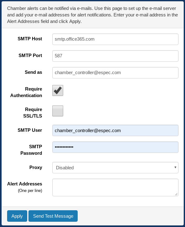 Setup page: email configuration