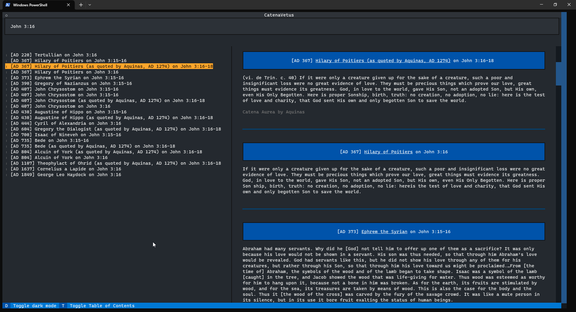 Screenshot showing the use of the table of contents